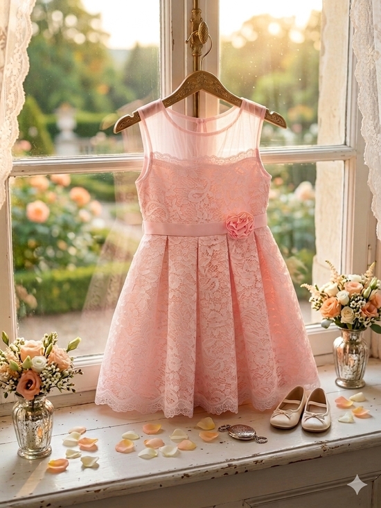 Jona Michelle Other - Jona Michelle Soft Pink/Peach Lace Floral w/ Sash & Bow, Size 5, NWOT